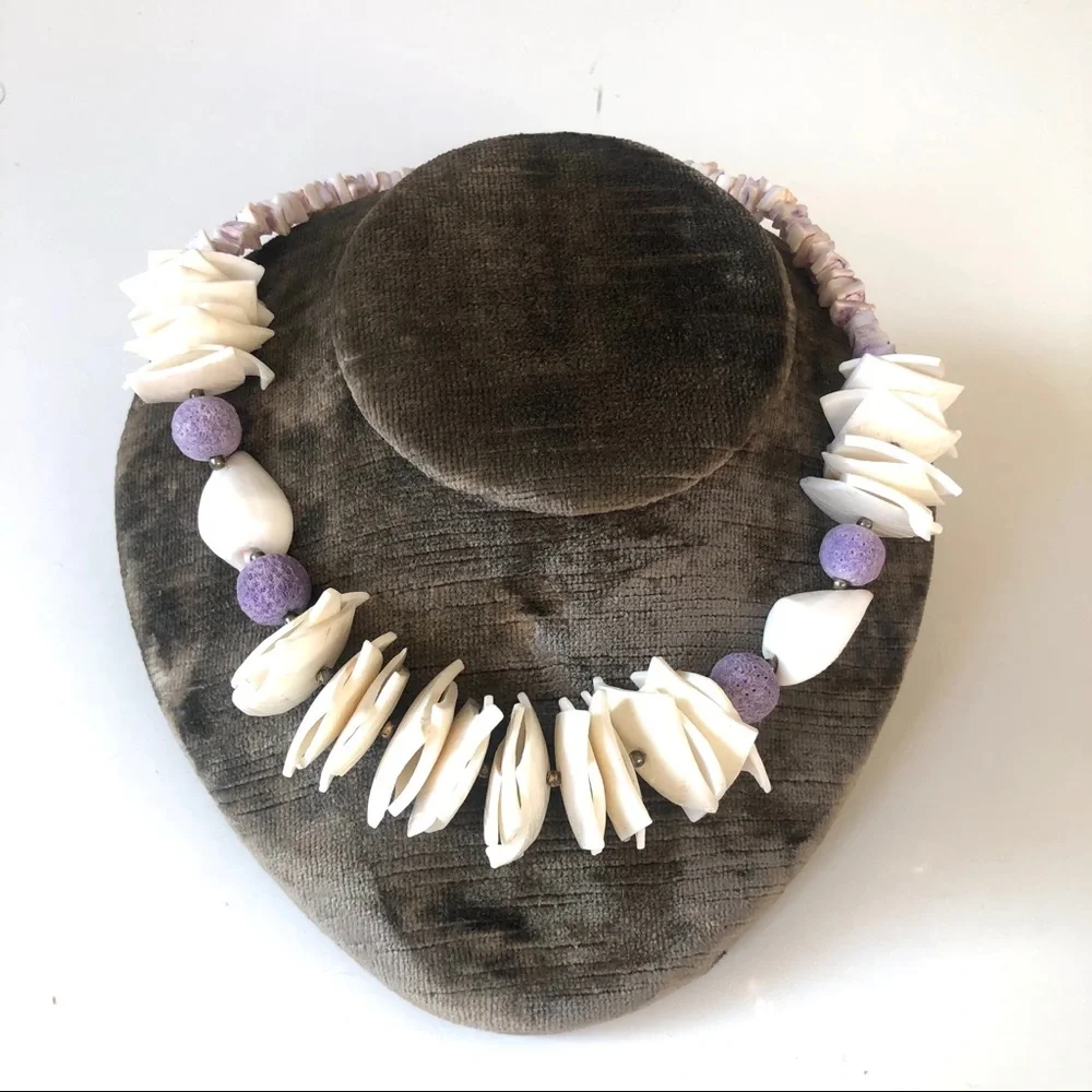 Hawaiian Cream and Purple Beaded Pula Necklace